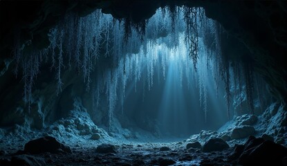 Photorealistic cave wall illuminated by intricate, glowing mycelium networks creating a mesmerizing and otherworldly scene., ultra detailed, 8k resolution, HDR, professional
