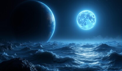 Fototapeta premium A sci-fi planetary landscape featuring metallic hydrogen oceans reflecting a blue giant star's light and dark crystal continents., ultra detailed, 8k resolution, HDR, professional