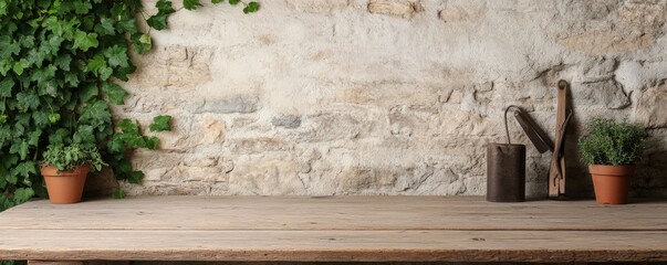 Obraz premium Rustic Stone Wall Background with Ivy and Wood Table, Farm ,Garden
