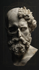 Half marble sculpture and half skull portrait with dramatic lighting on a dark background, symbolizing the duality of life and death