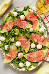 Melon Mozzarella Prosciutto Salad with Arugula..top veiw.