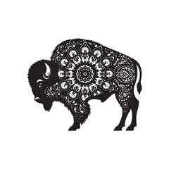 Boho American Bison SVG with Tribal Feathers Crescent Moons and Decorative Dots Black Silhouette for Cricut and Laser Cutting