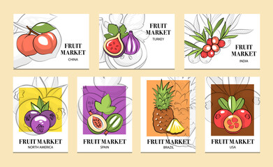 Fruit Market Posters and cards with Country Labels, Modern Line Style, and flat illustrations