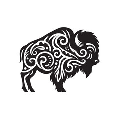Tribal Tattoo Style American Bison SVG with Flame Feather Details and Curved Lines Black Silhouette for Cricut Decals and Prints