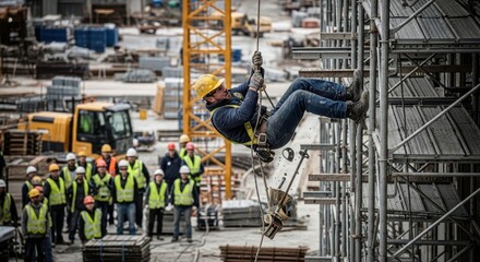 Construction worker demonstrating fall protection safety equipment from scaffolding at a job site