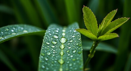 Dew drops on fresh green leaves