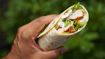 A close-up of a hand holding a fresh grilled chicken wrap with lettuce and a creamy dressing against a green, outdoor background.