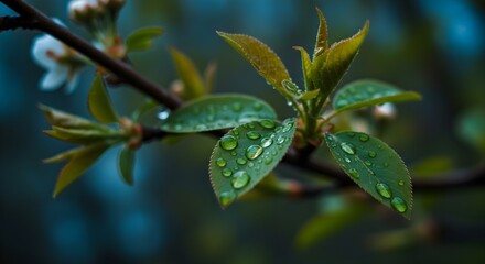 Dewy leaves and blossoms