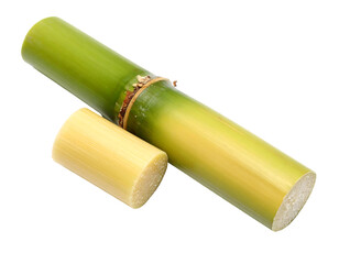 Close up view of sugarcane stalk and its cut section, bright green and pale yellow colors, isolated on transparent background, natural and agricultural product