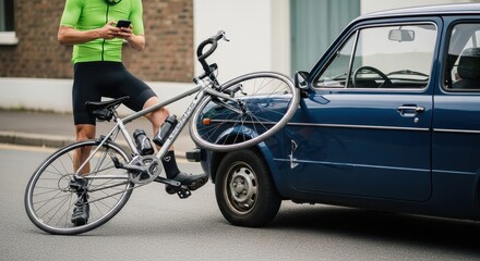 Fototapeta premium Distracted Cyclist Collides with Parked Vehicle on City Street, Causing an Accident