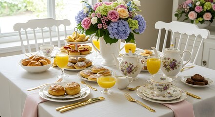 Elegant breakfast table setting with pastries and flowers