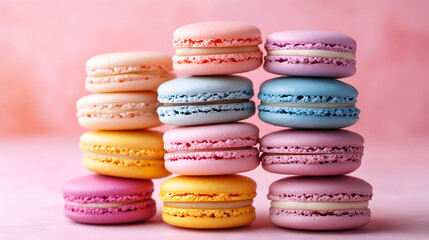 Fototapeta premium Colorful macarons stacked on pink background