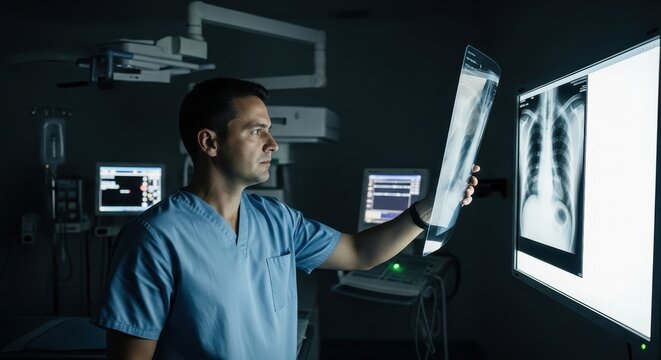 Male doctor in scrubs carefully examines a chest x-ray in a high-tech, dark medical room
