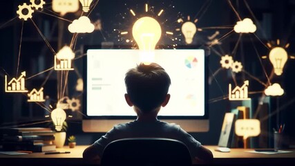 Boy at computer desk discovering ideas, glowing animated icons and pulsing lightbulb, digital inspiration - Powered by Adobe