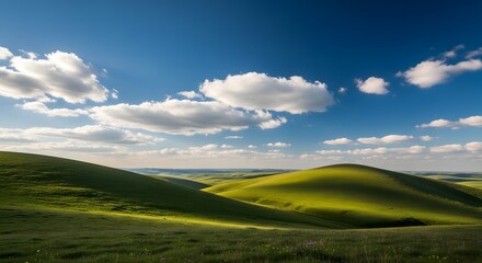Obraz premium Rolling green hills under a bright blue sky with scattered clouds