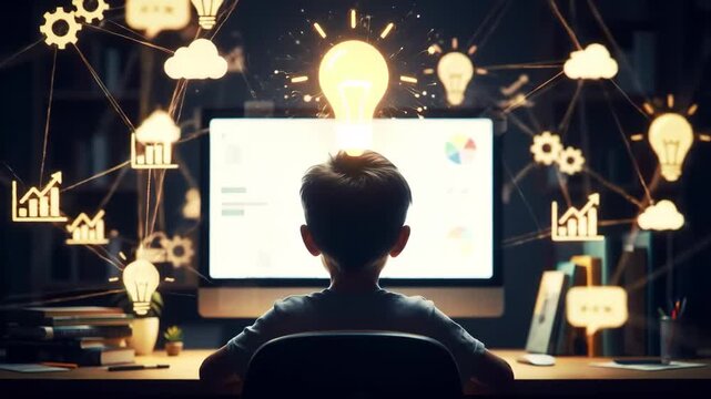 Boy at computer desk discovering ideas, glowing animated icons and pulsing lightbulb, digital inspiration - Powered by Adobe