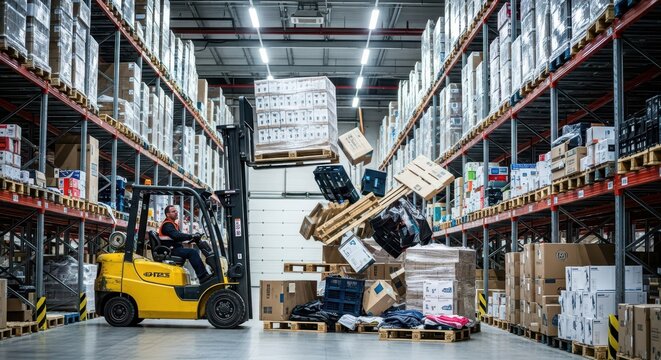 Dangerous warehouse incident with forklift dropping pallets and cargo, emphasizing safety risks in logistics.