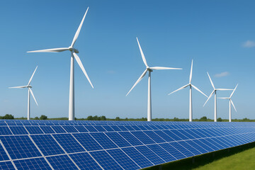 Wind turbines and solar panels clean energy sustainable power generation
