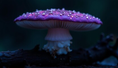 Macro shot of a vibrant, fantastical mushroom with glowing purple patterns and teal light emanating from its gills on dark wood., ultra detailed, 8k resolution, HDR, professional
