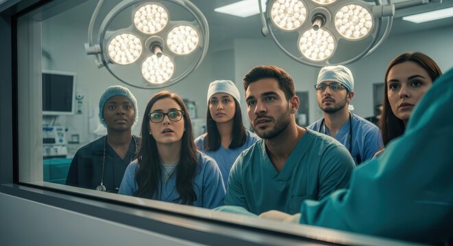 Diverse group of medical students watching a live surgical procedure in a teaching hospital - Powered by Adobe