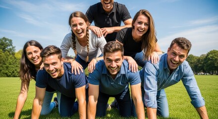 Obraz premium Cheerful group of friends laughing while making a human pyramid together outdoors