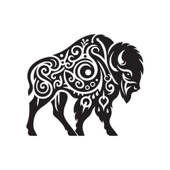 Tribal Tattoo Style American Bison SVG with Flame Feather Details and Curved Lines Black Silhouette for Cricut Decals and Prints