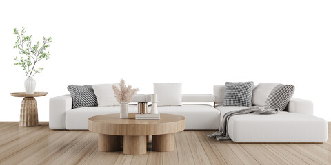 Isolated modern white sectional sofa interior PNG with decorative pillows, wood round coffee table, and side table on transparent background with shadow