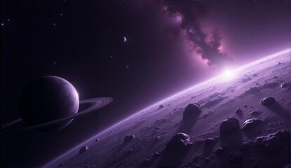 Stunning panoramic vista featuring a vibrant planetary ring system composed of metallic particles & crystalline asteroids bathed in purple nebula li, ultra detailed, 8k resolution, HDR, professional