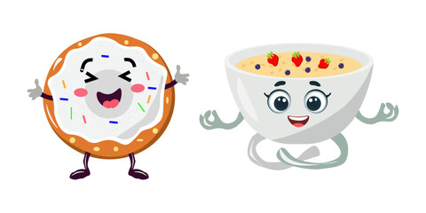 Excited donut and peaceful oatmeal bowl in yoga pose as healthy versus unhealthy food concept. Cartoon vector illustration for children's menu, nutrition guide