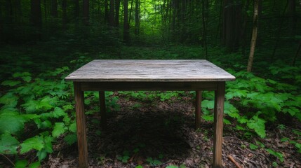 Rustic Wooden Table in Lush Forest, Woodland, Nature