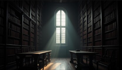 Moody library interior, Dark Academia aesthetic. Tall bookshelves, aged books, dramatic light & shadows, atmospheric and detailed scene., ultra detailed, 8k resolution, HDR, professional
