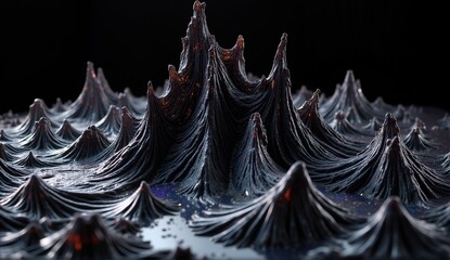 A stunning ferrofluid sculpture showcasing intricate shapes formed by magnetic fields, exhibiting a glossy black finish with iridescent highlights., ultra detailed, 8k resolution, HDR, professional