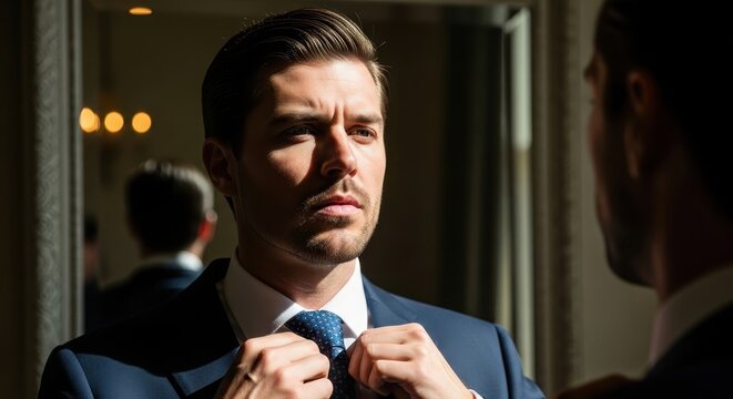 Elegant man in a formal suit adjusting his blue tie while looking at his reflection in a mirror