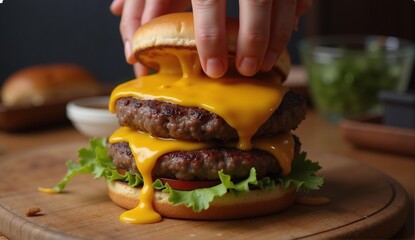 A delicious gourmet smash burger being built, showcasing melted cheddar and a perfect sear for an appealing food photo., ultra detailed, 8k resolution, HDR, professional