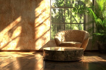 Interior with an armchair and coffee table, 3D rendered to highlight the relaxed atmosphere of the room, Generative AI