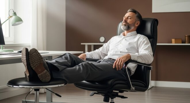 Mature businessman relaxing in an office chair with his feet up, taking a short break. - Powered by Adobe