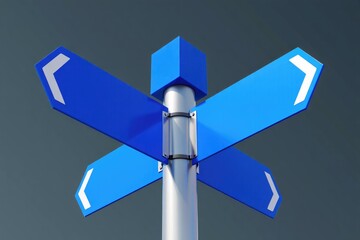 A blue signpost with arrows showing different directions against a gray background.