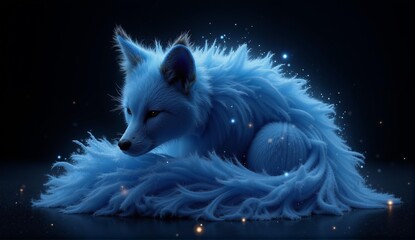 Nebula fox creature with starry tips, curled pose, galactic tail, set against a dark cosmic backdrop - otherworldly beauty!, ultra detailed, 8k resolution, HDR, professional