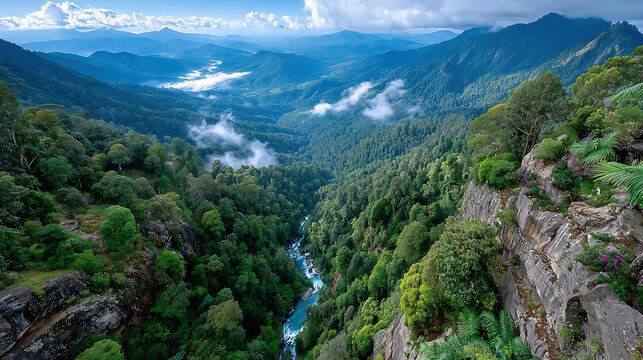 A Majestic View of a Lush Green Valley and Serene River

