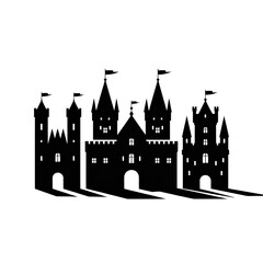 Obraz premium Mysterious White Line Art Castle Silhouette at Night: Fairytale, Gothic, Medieval Architecture