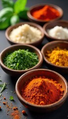 A colorful array of lunch seasonings in small bowls, including herbs, spices, and salts, ready to add flavor to any midday meal , oregano, dish
