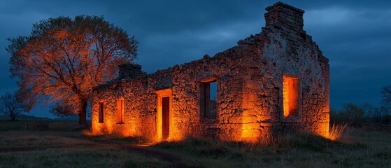 Fototapeta premium Spectral flames illuminate a ruined stone building.