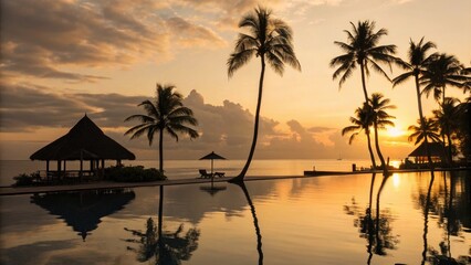 Obraz premium Enjoy a beautiful sunset over the ocean at a tropical resort with palm trees.