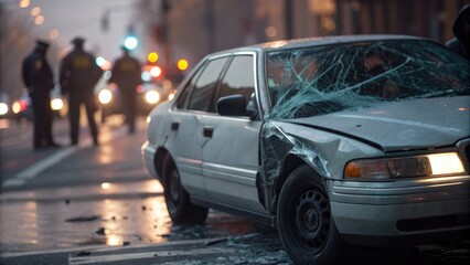 A car accident scene shows a damaged vehicle with police in the background.