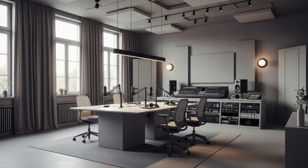 Modern interior of a professional podcasting studio with minimalist design and equipment