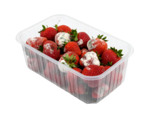 A plastic container filled with fresh strawberries, some of which are covered in white mold.
