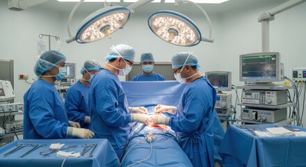 A surgical team performs a complex procedure in a modern operating room under bright lights