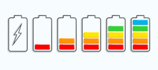 Multicolored icons in the form of a battery charge. Charge indicator in 3D style with shadows. Vector illustration.
