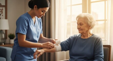 A compassionate caregiver gently applies a bandage to an elderly woman's arm at home.