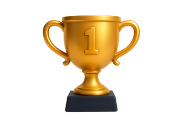 3d rendered Golden first place trophy cup with number one emblem isolated on transparent background